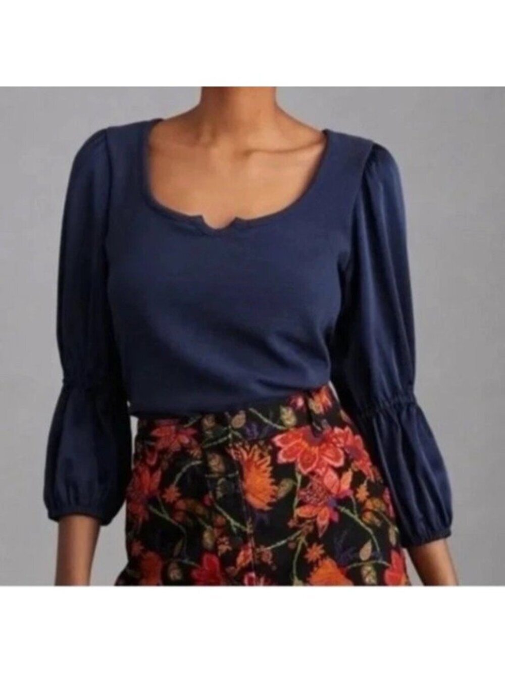 Maeve Anthropologie Ribbed Navy Blue Cropped Top M Tiered Balloon Satin Sleeve